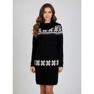 Black & White Fair Isle Cowl Neck Mini Sweater Dress | Nordic Cottagecore Cozy M